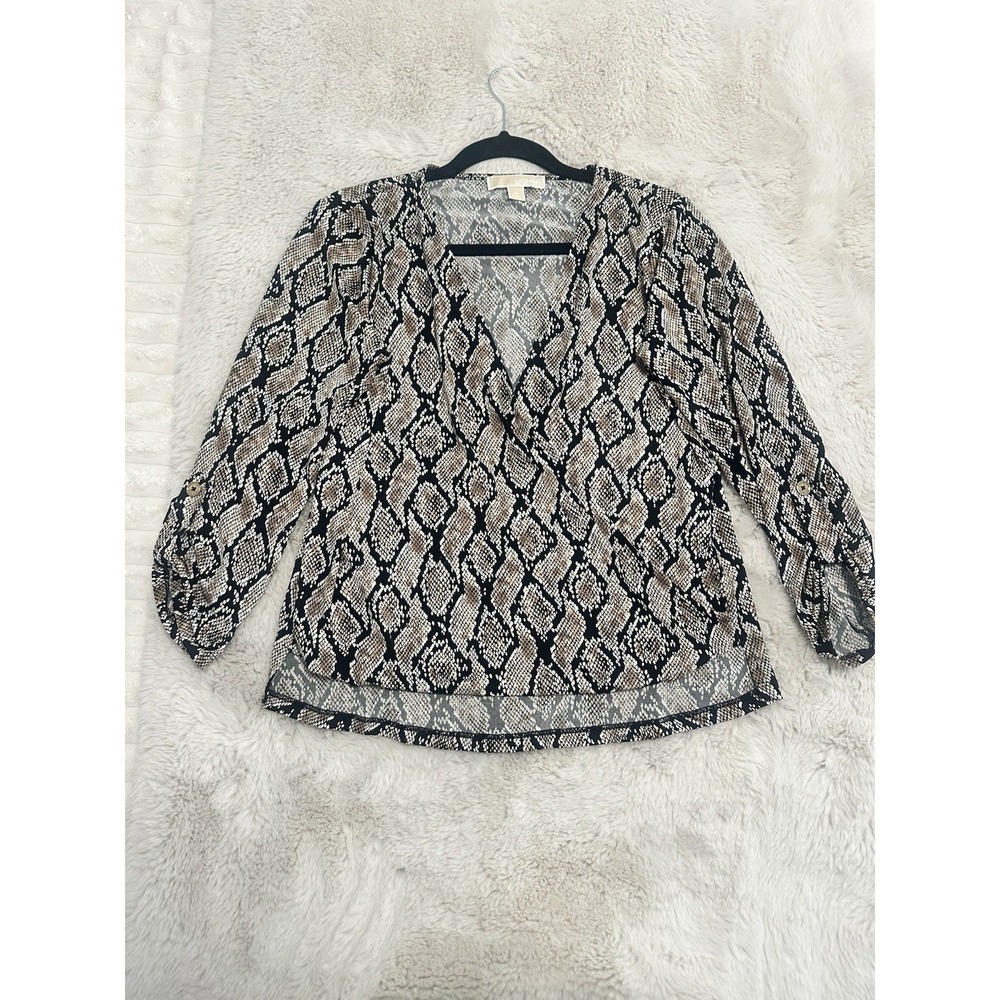Michael Kors Women's 3/4 Sleeve Snake Print V-Neck Blouse Size M